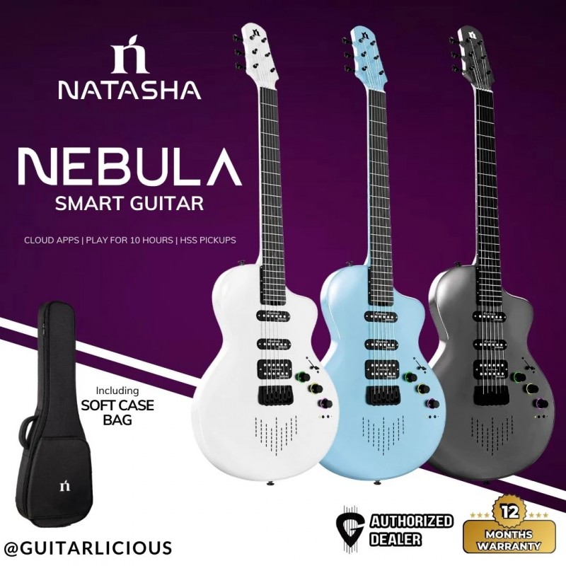 GUITARRA ELECTRICA NATASHA NEBULA CON EFECTOS Y BLUETHOOTH BLANCA RADIANTE PERLA